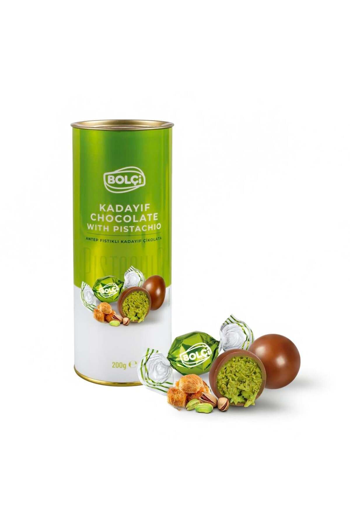 Dubai Çikolatası Fıstıklı Kadayıf Dolgulu Sütlü Top Çikolata Silindir Kutu 200g