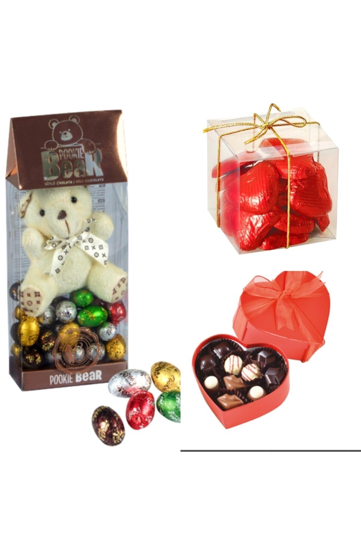 Pookıe Bear Oyuncaklı Sütlü Çikolata 130 gr + Küp Mini Kalp 100 gr +küçük Kalp 125 gr